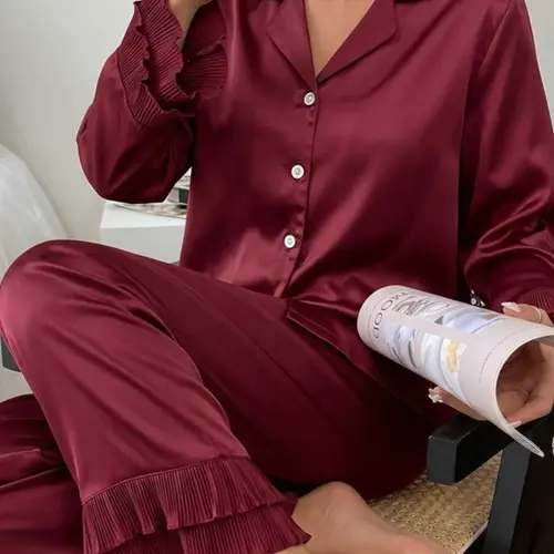 Silk-Like Collar Elegant Luxurious Open Cardigan Women's Pajamas, Solid Color Wide Sleeves Ruffled Comfortable Loungewear