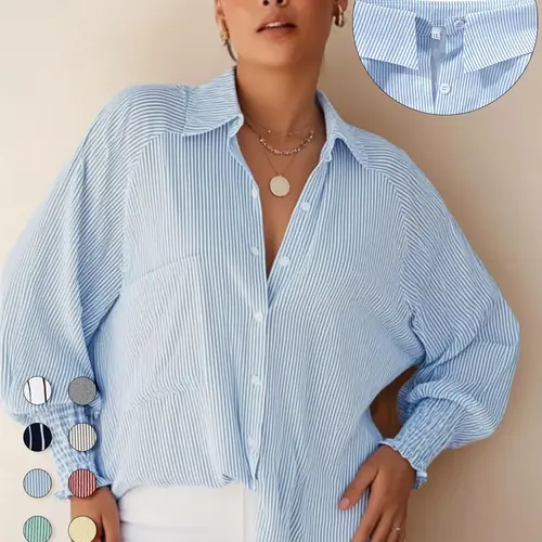 Plus Size Striped Print Button Front Pocket Shirred Blouse Shirts, Casual Bishop Sleeve Top for Daily Holiday Wear, Women's Clothes for Spring & Fall