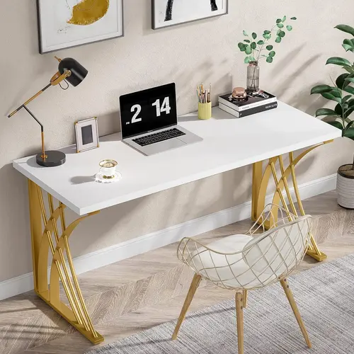 Tribesigns 55" Large Modern Computer Desk, White & Gold Luxury Laptop PC Student Table, with Thick Frame & Strong Legs, Sturdy Writing Workstation for Home & Office, Bedroom, and Study Room