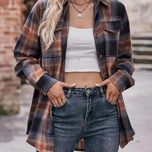 Women's Plus Size Plaid Print Flap Pocket Button Front Blouse, Casual Drop Shoulder Long Sleeve Shirt, Button Blouse Shirts, Gift Set, Women Plus Clothing for Spring & Fall Daily Wear, Casual Classy Top