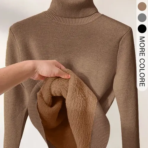 Women's Solid Thermal Lined Drop Shoulder High Neck Sweater, Casual Solid Long Sleeve Jumper For Daily Outdoor Wear, Women Knit Top for Fall & Winter, Casual Pullovers
