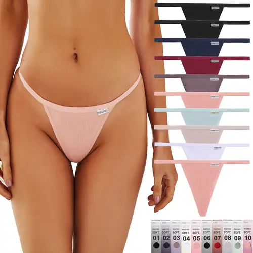 FINETOO 10pcs Cotton G-String Thongs for Women Sexy Low Rise T-Back Panties Comfortable Ribbed Underwear Ladies Soft Thongs Bikini Lingerie Womenswear