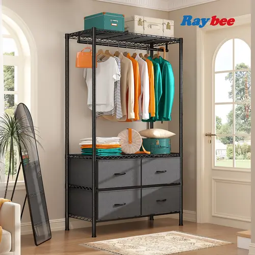 RaybeeFurniture Heavy Duty Clothes Racks for Hanging Clothes, Adjustable Metal Wire Garment Rack with 4 Fabric Drawers, Portable Hangable Organiser, Clothing Rack with Drawers