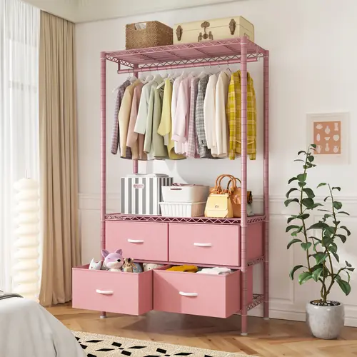 Raybee Furniture Clothing Rack with 4 Large Fabric Drawers, Heavy Duty Clothes Racks for Hanging Clothes Rack Adjustable Portable Closet Wardrobe Metal Wire Garment Rack with Shelves, Pink, Black