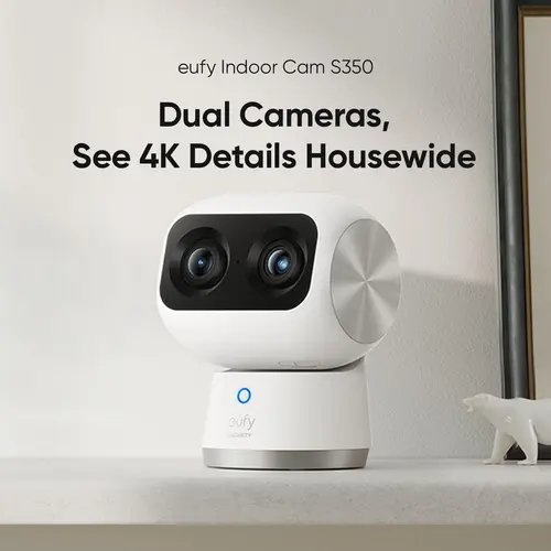 eufy Security Indoor Cam S350, Dual Cameras, 4K UHD Resolution Security Camera with 8× Zoom and 360° PTZ, Human/Pet AI, Ideal for Baby Monitor/Pet Camera/Home Security, Dual-Band Wi-Fi 6, Plug in｜Spingtok, Wifi Security Camera, Wireless Indoor Camera