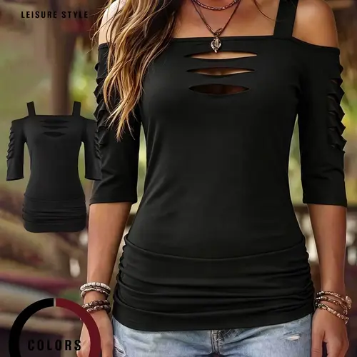 Choove Women's Cold Shoulder 3/4 Sleeve Top, Cutout Strap Detail and Ruched Sides, Slim Fit Going Out Shirt