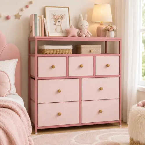 RaybeeFurniture 7 Drawer Dresser for Bedroom with 2 Shelves,Fabric Storage Dresser with Sturdy Steel Frame and Wood Top,Storage Organizer for Bedroom, Closet, Living Room, Hallway