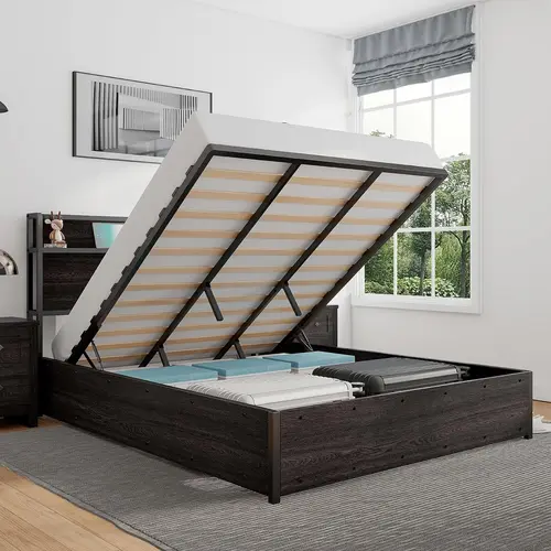 AMERLIFE Full Size Lift Up Storage Bed, Wood Platform Bed Frame with Storage Headboard & Charging Station, No Box Spring Needed, Easy Assembly/Best Gift Ideas/Christmas Gifts[tiktokshopbacktoschool][SohoChic]