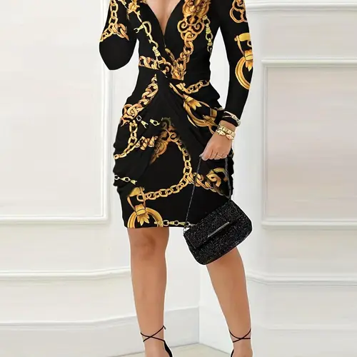 Women's Chic Chain Print Twist Ruched Bodycon Dress, Elegant Fitted, Elegant Formal Longsleeves V Neck Short Dress for Party, Homecoming Dresses, Women Dress for Spring Fall, Vintage Girly Clothes, Evening Party Dresses, Elegant Party Apparel, Womenswear