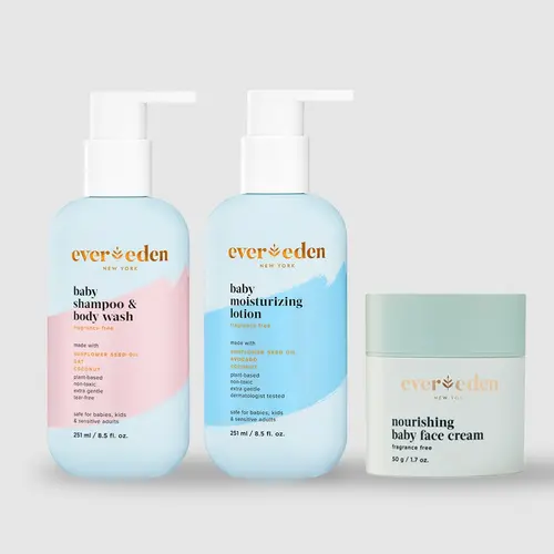 Evereden – Baby Cleanse & Hydrate Bundle | Baby Wash, Face Cream & Body Lotion | Fragrance-Free | For Newborns+