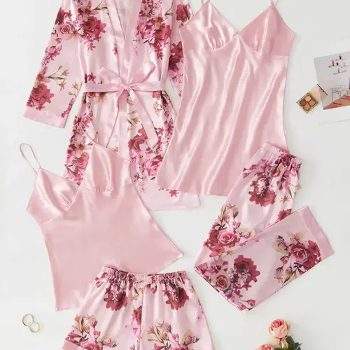 5 Piece Set Women's Satin Floral Print Nightwear Pajama Set, Loungewear Sleepwear Set, Fall Clothes, Long Sleeve, Comfort Elastic Adjustable Strap Camisoles & Pj Pants & Belted Lounge Robe Pjs Set, Homewear Set, Pyjamas for Women, Loungewear