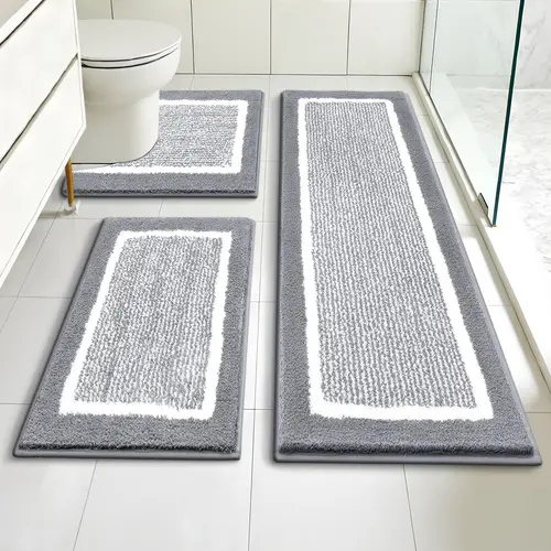 LOKHOM Bathroom Rug Sets, Non Slip, Absorbent Microfiber, Soft Farmhouse Bathroom Rug, Includes U-Shaped Toilet Mat, Shower, Machine Washable Home Goods Grey rug Cozy Bath Mat summerwins