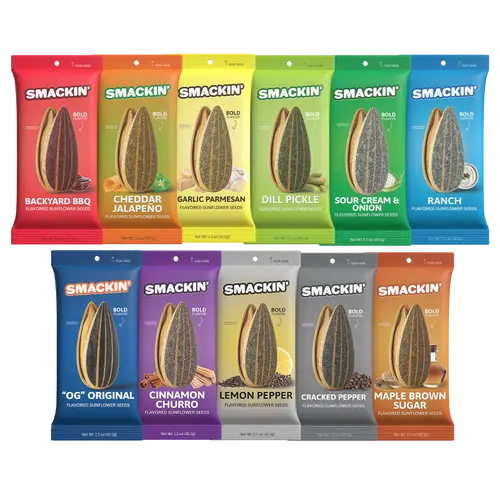 SMACKIN' Sunflower Seeds Sample Pack of 11 Single Serve (1.5 OZ) Low Sodium Snack, Bold Flavors, No Salty Burn