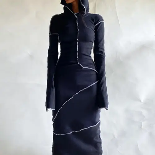 Women's Plain Polyester Drop Shoulder Hooded Bodycon Dress, Casual Chic Long Sleeve Solid Long Dress for Fall & Winter, Women's Clothing, Fit, Casual Wear
