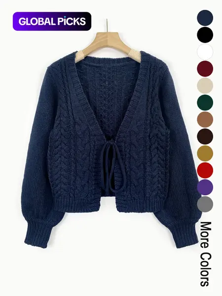 Women's Solid Loose-Fit Drop Shoulder Long Sleeve Cardigan, Ladies Knitting Tops, Minimalist Casual Tie Front V Neck Knitwear for Fall & Winter
