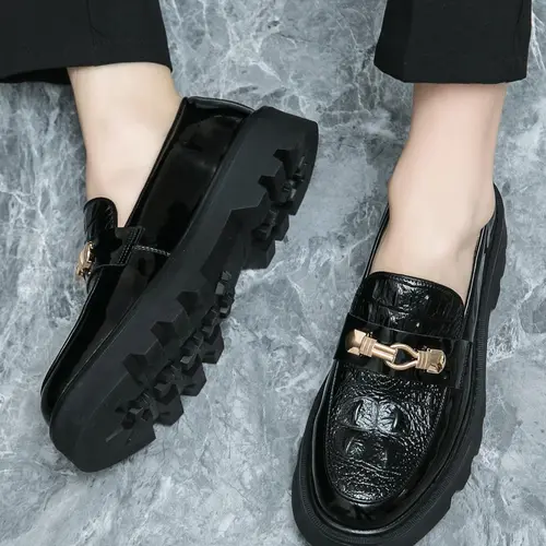 Men's PU Leather Formal Shoes Loafer, Round Toe, Medium Width, Casual Style, All Seasons, Plain Pattern, Thick Sole, Slip-On Design