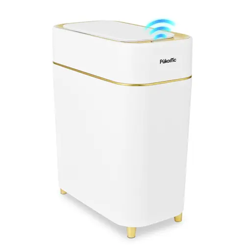 Pukomc Auto-Sensor Trash Bin - Wave & Knee Induction Quick Voiceless Open Removable Liner Battery-Powered Motion Sensor Touchless Waterproof Durable Multipurpose Reusable Automatic Plastic Black Gold summerwins,dorm essentials,home essentials homeessentia