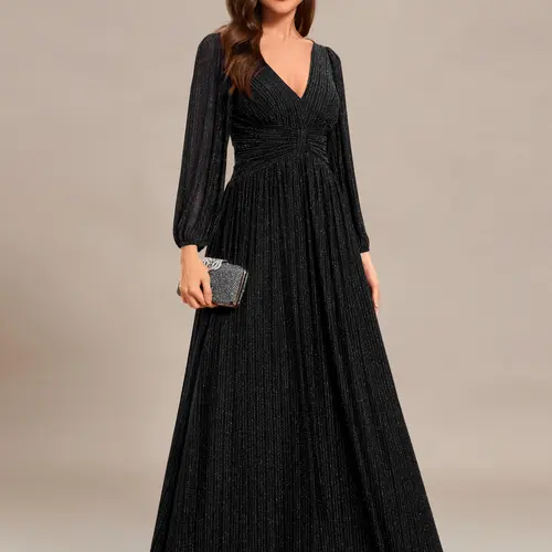 Ever-Pretty 2026  dress Spring  Evening dress, Holiday dress,Black Glittery Empire Waist A-Line Dress with Long Lantern Sleeves  Length  Sequin Fabric Concealed Zipper Closure Women's Formal  Party Dress , 01961