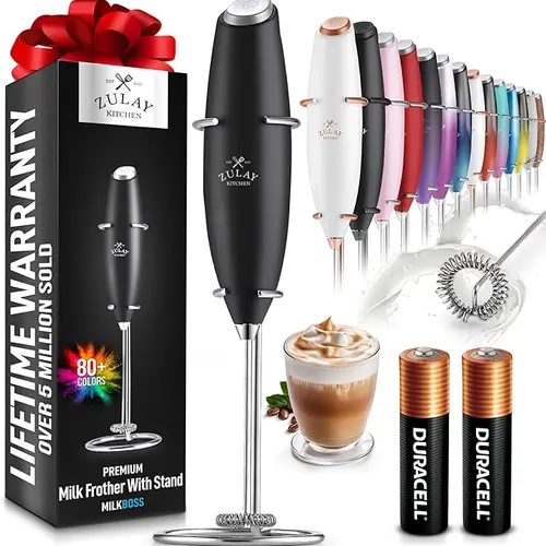 Zulay Kitchen Premium Milk Frother with Stand - Ultra-Fast Handheld Mixer for Coffee Lattes Matcha - 80 Color Options - Comes with Duracell Batteries - Household Appliances