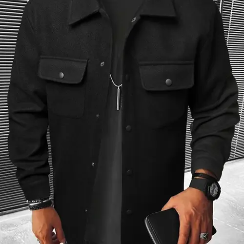 Men's Button Front Pocket Classic Fitted Plain Jacket, Button Down Coat, Casual Collared Long Sleeve Outerwear Minimalist Coats for Fall & Winter, Men's Going Out Outfit for Daily Wear