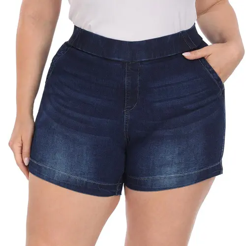 HDE Women’s Plus Size Jean Shorts - High-Waisted Stretch Denim Pull-On Button Bottoms with Front and Back Pockets, Tummy Control, Extra Large Shorts for Outdoor Use, High Waist Smooths Your Midsection