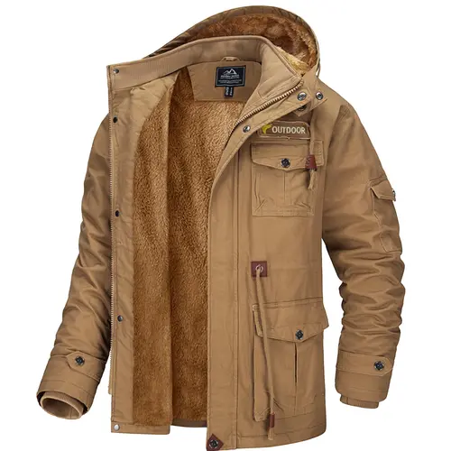 MAGCOMSEN Men's Winter Work Parka - Fleece Lined, Soft Cotton Shell Cargo Jacket, Warm Windproof Hooded Coat with Pockets, Longsleeve Casual Fashion Top