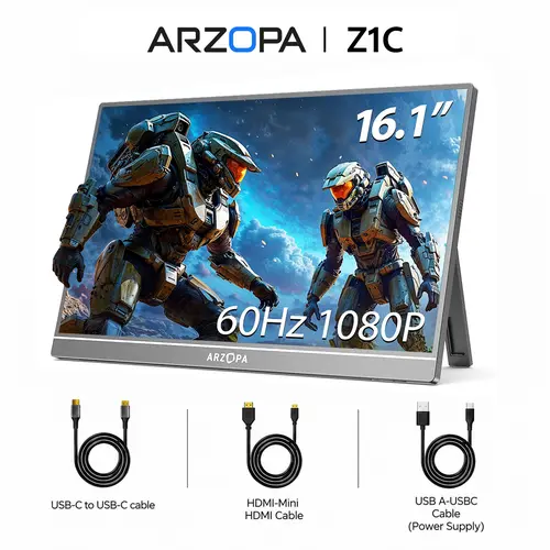 ARZOPA Z1C | 16.1 Inch&60Hz | Portable Monitor | FHD 1080P Ultra-Slim | Portable Laptop Monitor | IPS Display for PC MAC Phone Xbox, PS5 | USB C & HDMI Connectivity Remote WorK