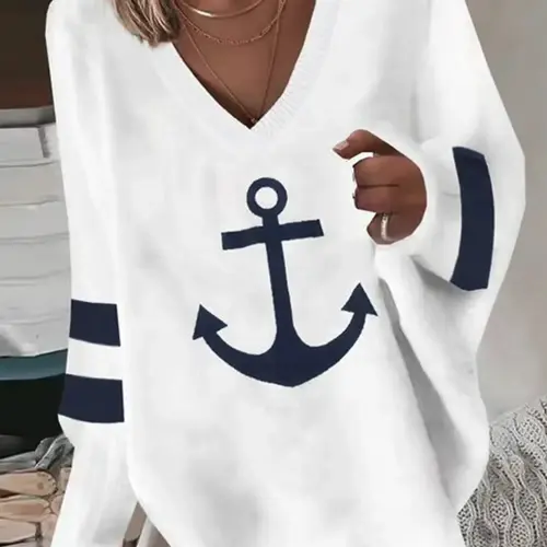 Women's Striped & Anchor Print Drop Shoulder V Neck Knitting Sweater, Casual Long Sleeve Pullover Jumper for Daily Wear, Comfy Women's Knitwear for Spring & Fall