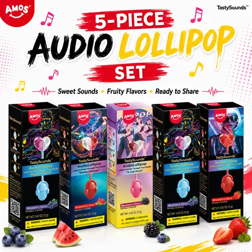 Amos TastySounds Music Lollipops –  Heart-shaped, Sugar-free Audio Candies with Bone Conduction Tech | K-pop Vibe | Strawberry, Blueberry, Watermelon, Blackberry