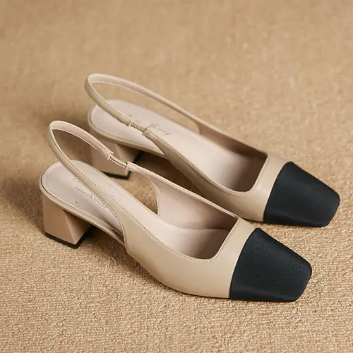 Unique Square Toe Patchwork Heeled Casual Office Women's Shoes, Low Ankle Party Travel Back Strap Sandals, 6cm Heel Height, Elegant sandal