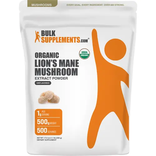BULKSUPPLEMENTS.COM Organic Lion's Mane Mushroom Extract Powder - Sugar Free, Unflavored Functional Mushroom - Cognitive Boost, Gut Support, Mood Balance - 1g/Serving, 100g-1kg Sizes - Wellness Supplement for Brain Health
