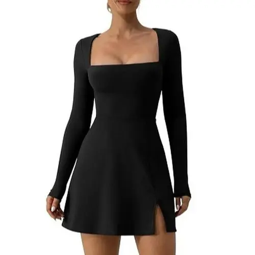 QINSEN Womens Square Neck Bodice Dress Long Sleeve Side Slit Flare Mini Dresses Casual Womenswear