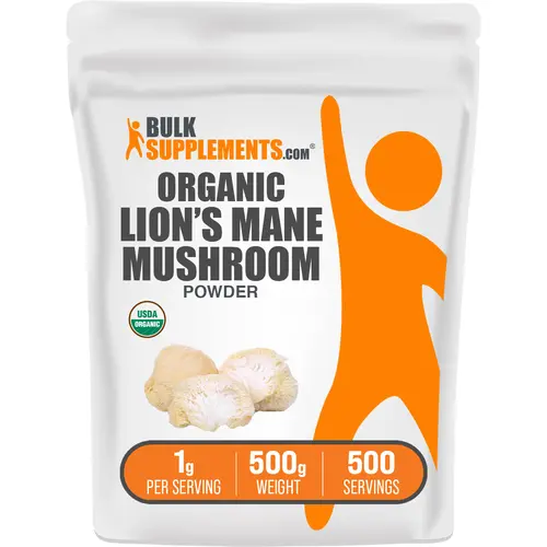 BulkSupplements Certified Organic Lion's Mane Mushroom Powder - All Natural, Pure Mushroom Powder, Cognitive Support, Energy Boost, Inflammation Aid, Antioxidant, Gut Support, Gluten Free, Sugar Free, 500g, 1000mg per Serving, Unflavored