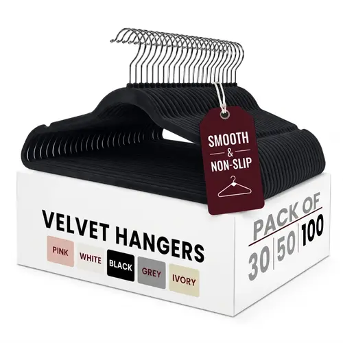 Lux Decor Velvet Hangers Pack of 30, 50 or 100 - Luxury Non-Slip Flocked Clothes Hangers with 360 Rotatable Hook- Heavy Duty Space Saving Hanging Organizer