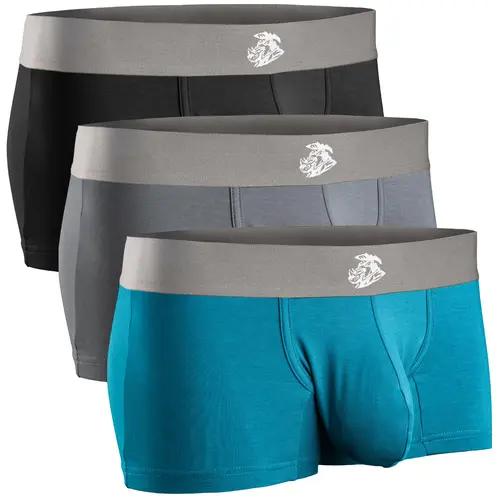 Men's Modal Boxer Briefs 3-Pack, 3-Inch Inseam, Black/Cyan/Grey Plain Jersey Underwear, Stretchy Spandex Elastic Boxers Briefs for Men