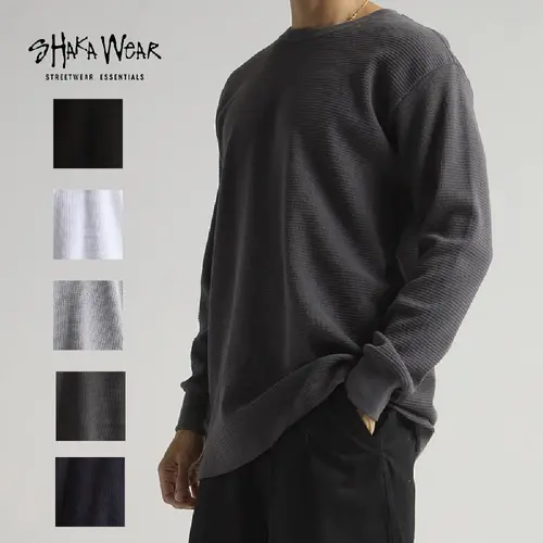 SHAKAWEAR Men's Max Heavyweight Thermal Long Sleeve T Shirt Casual Shaka Wear Long Sleeves Cotton Tee Shirts Woven Neck Warm Casual Hip Hop Harem LA