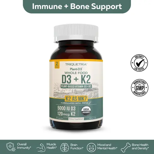Organic Plant D3 + K2 Capsules - 5000 IU D3 + 120 mcg K2 (MenaQ7) - Whole Food, Vegan - Enhanced Digestion with Prebiotic Superfood Complex