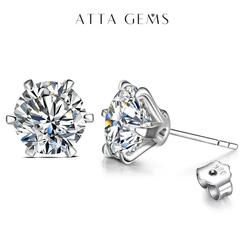 ATTAGEMS 6-Prong Synthetic Moissanite Stud Earrings for Women, 0.5Ct-3Ct D Color VVS1 Solitaire Fine Jewelry E009, Minimalist Earrings, Earring For Women summerwins