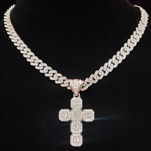 Fashionable Easter Rhinestone Cross Pendant Necklace for Men & Women, Couple Things, Zinc Alloy Hip Hop Cuban Chain Necklace, Jewelry for Daily and Party Wear, Cuban Links