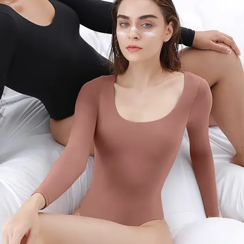 PUMIEY Women's Solid Scoop Neck Long Sleeve Bodycon Bodysuit, Buttery Soft Stretchy Shaping Tops for Women, Shaping Bodysuit, Solid Color Bodysuit