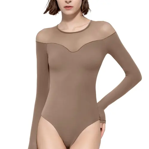 PUMIEY Women's Sexy Long Sleeve Bodysuit, Crew Neck Top with Sheer Mesh Panels in Soft Smooth Fabric, Thong Style for Date Night, Round Neck, Chic, Elegant, Breathable, Snap, Off Shoulder, Fitted, Lightweight, Lady, Daily, Evening