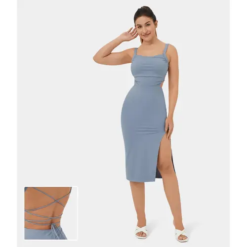 Halara Ruched Backless Crisscross Lace Up Split Bodycon Midi Casual Dress wedding #BackToSchool