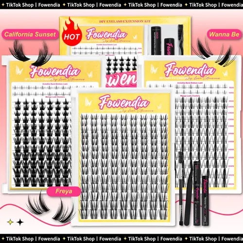 Fowendia Manga Spiky Lash Cluster Kit - C/CC Curl DIY Beauty Eyelashes Extension Kit (8-18mm) with Bond, Seal, Remover, Ultra-Thin Transparent Bands, California Sunset Freya Style, Fall Deals For You Campaign