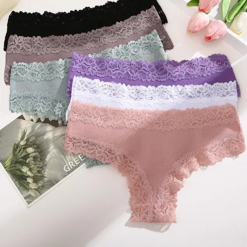 Women's 6pcs Plain Lace Trim Panties, Casual Soft Panties, Comfy Breathable Knickers for Daily Wear, Underwear for Women, Cheeky Panties Multipack, Soft Fit Panty