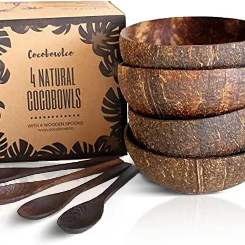 Coconut Bowls Wooden Spoons Set of 4 with Natural Finish Cutlery Plastic