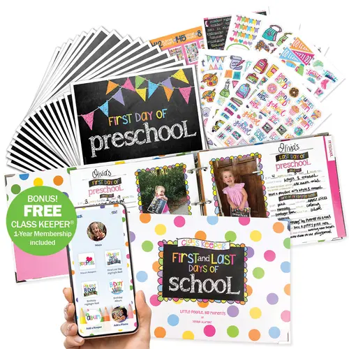 Mom Must-Have Journaling Scrapbooking Kit - Compact Office Stationery, Photo Organizer, Class Keeper, Photo Prop Deck, Stickers, BONUS Class Keeper Mobile App Membership for 1st Day of School Crafts (Meaningful Way with Creative Tools), First Day Of Schoo