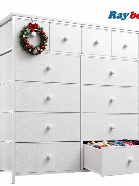 Raybee 12 Drawer Fabric Dresser, 40" Tall Storage Tower, Affordable Wide Chest of Drawers with Wood Top, Budget Friendly Clothes Organizer for Bedroom, Closet, College Dorm, Apartment Renters, Guest Room, Gym Activewear, Makeup Vanity, Bedroom Furniture