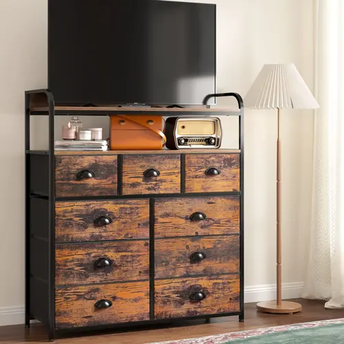 RaybeeFurniture Tall Viral Fabric Dresser with 9 Drawer Dresser for Closet with Wood Top, Chest of Drawers for Dorm, Living Room, Entryway, Bedroom