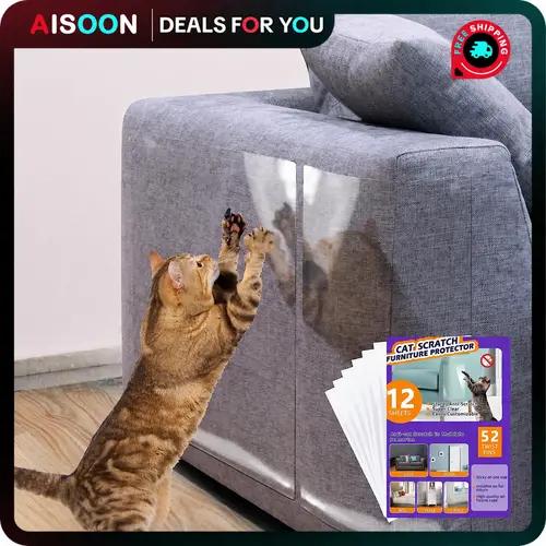 AISOON 60 Pcs Single-Side Self-Adhesive Cat Scratch Tape, Furniture Protection Deterrent for Cat Scratching Couch & Furniture