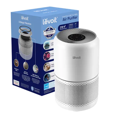 Levoit Core300 Modern Compact Air Purifier for Home Bedrooms, 3-in-1 Filter Air Cleanser with Allergy Relief, Removes Viruses, Dust, Smoke, Pet Hair, Pollutants, Odors, 141 CFM, 7.48 lbs, 120V, 60Hz, 1,095 ft² Room Coverage, 7.48 Pounds, 8.7" X 8.7" X 14.